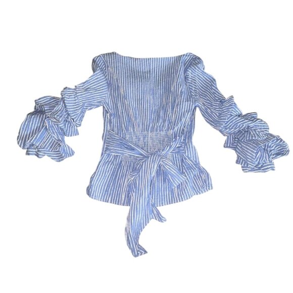 White House Black Market Blue & White Stripe Seersucker Ruffle Sleeve Blouse-Siz - Picture 6 of 8